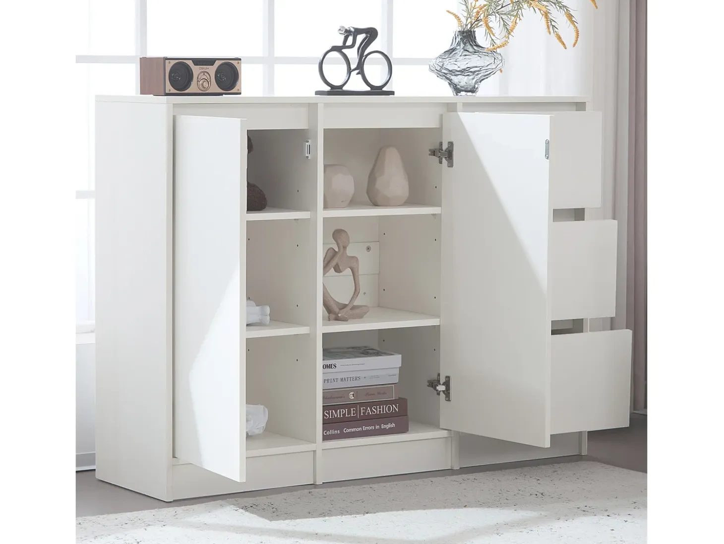 Zapatero moderno con gran espacio de almacenaje, 2 puertas y 3 cajones, balda regulable, blanco (120x35x90 cm)