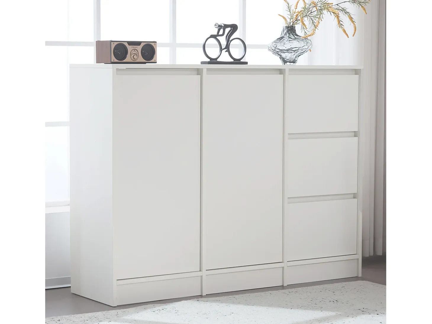 Zapatero moderno con gran espacio de almacenaje, 2 puertas y 3 cajones, balda regulable, blanco (120x35x90 cm)