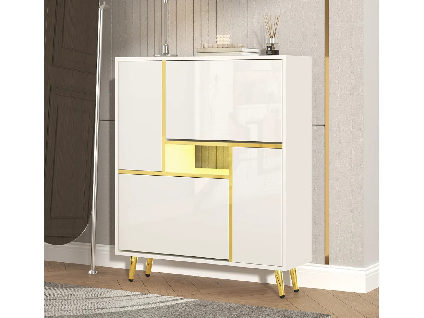 Zapatero moderno con iluminación LED de 16 colores, diseño lacado, MDF, blanco (80x25x96 cm)