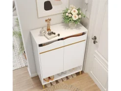 Zapatero moderno con LED de 16 colores, almacenaje y 2 cajones, madera MDF, blanco (80x35x105 cm)