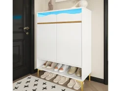 Zapatero moderno con LED de 16 colores, almacenaje y 2 cajones, madera MDF, blanco (80x35x105 cm)