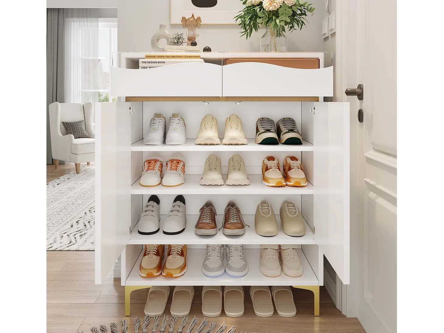 Zapatero moderno con LED de 16 colores, almacenaje y 2 cajones, madera MDF, blanco (80x35x105 cm)