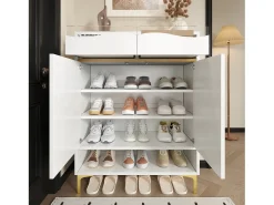 Zapatero moderno con LED de 16 colores, almacenaje y 2 cajones, madera MDF, blanco (80x35x105 cm)