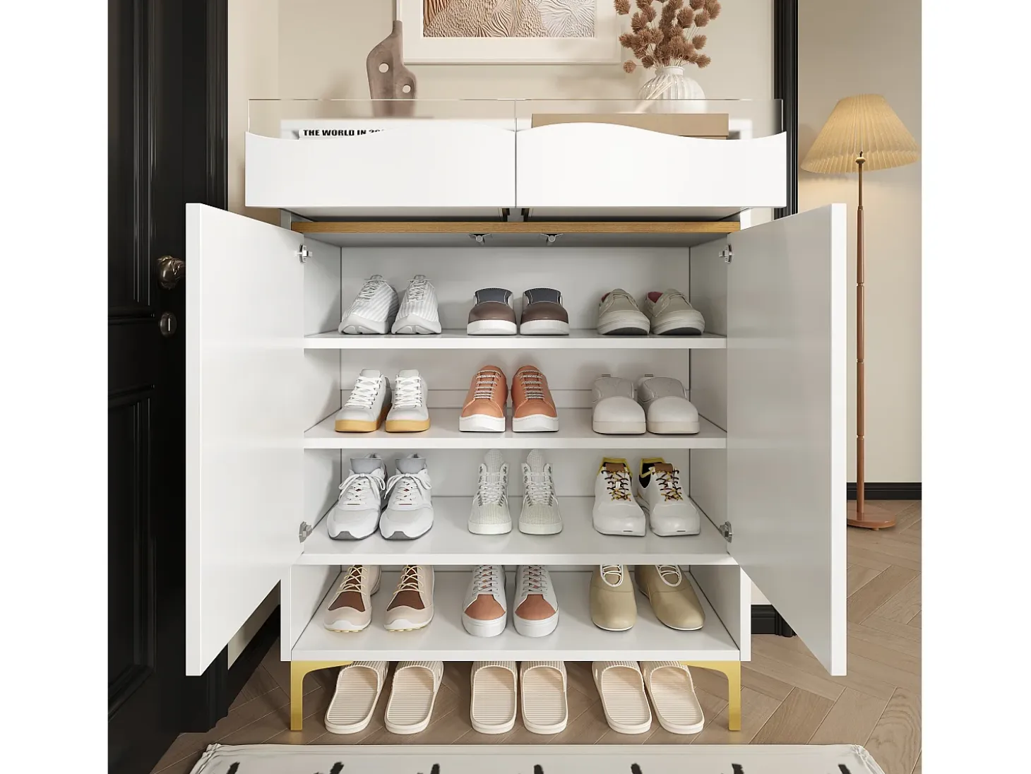 Zapatero moderno con LED de 16 colores, almacenaje y 2 cajones, madera MDF, blanco (80x35x105 cm)