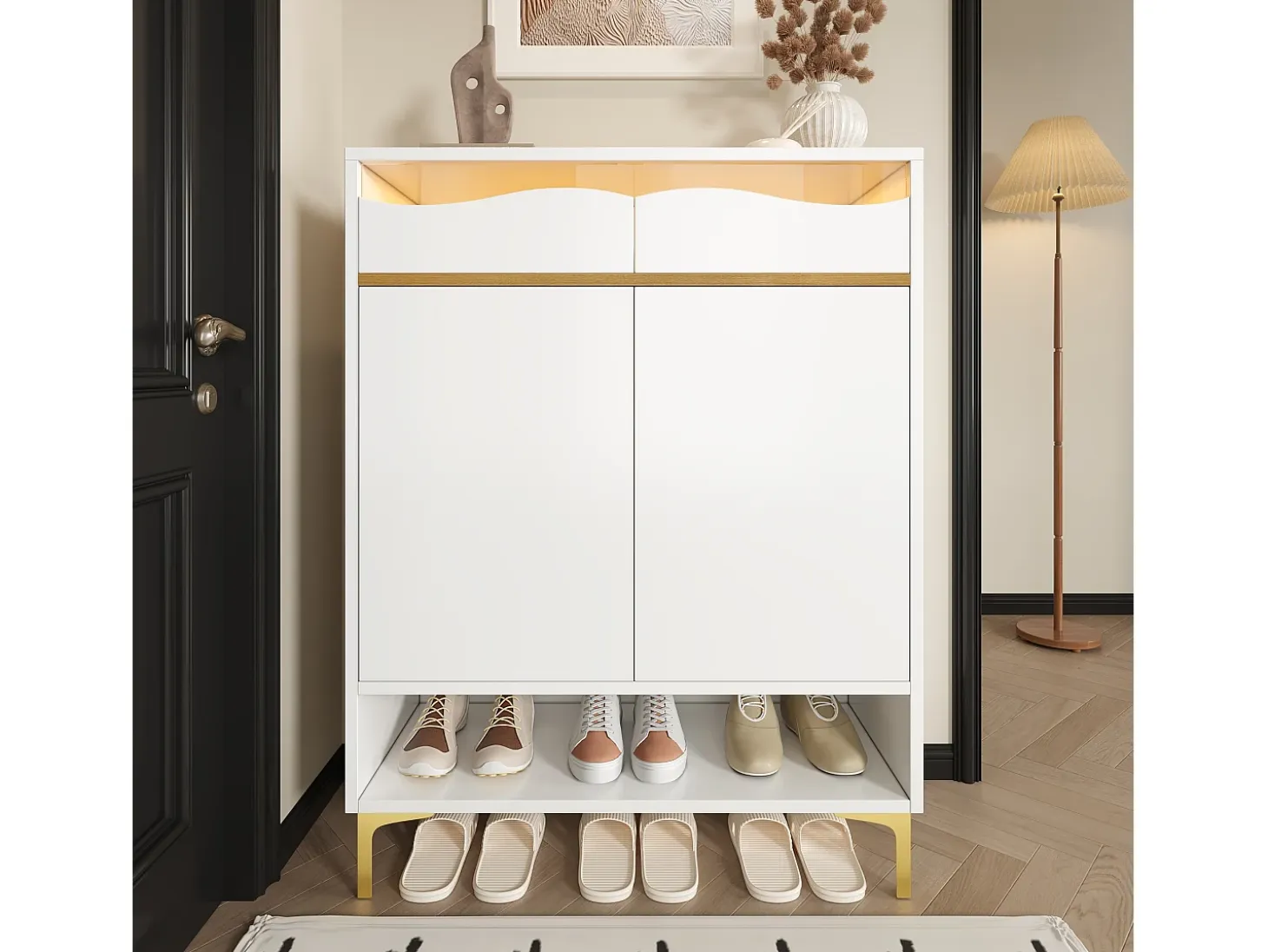 Zapatero moderno con LED de 16 colores, almacenaje y 2 cajones, madera MDF, blanco (80x35x105 cm)