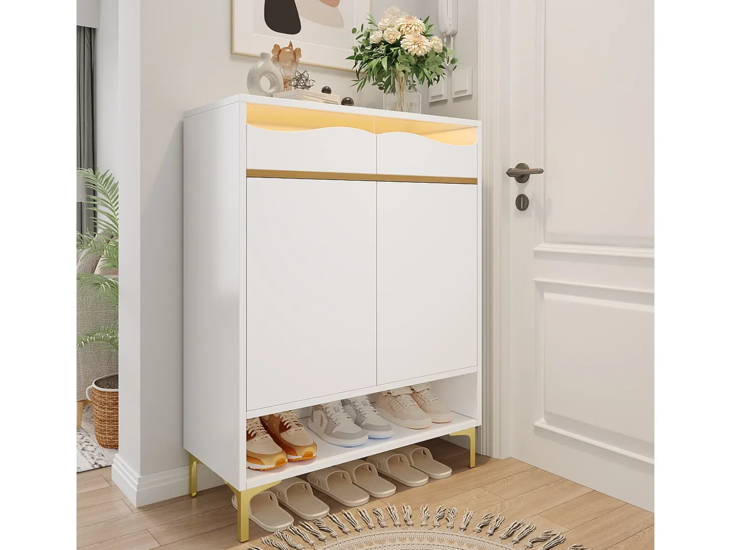 Zapatero moderno con LED de 16 colores, almacenaje y 2 cajones, madera MDF, blanco (80x35x105 cm)