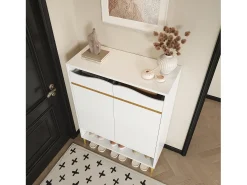 Zapatero moderno con LED de 16 colores, almacenaje y 2 cajones, madera MDF, blanco (80x35x105 cm)