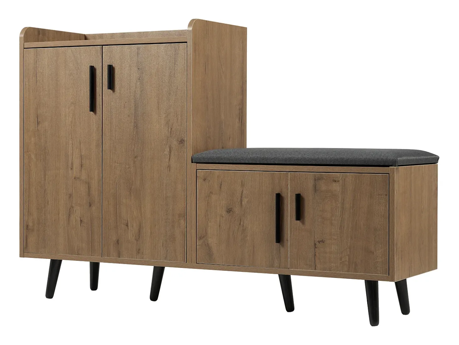 Zapatero moderno, madera natural, con 4 puertas de almacenaje, tiradores metálicos asimétricos, (120x34x82 cm)