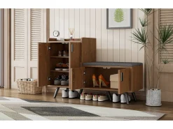 Zapatero moderno, madera natural, con 4 puertas de almacenaje, tiradores metálicos asimétricos, (120x34x82 cm)