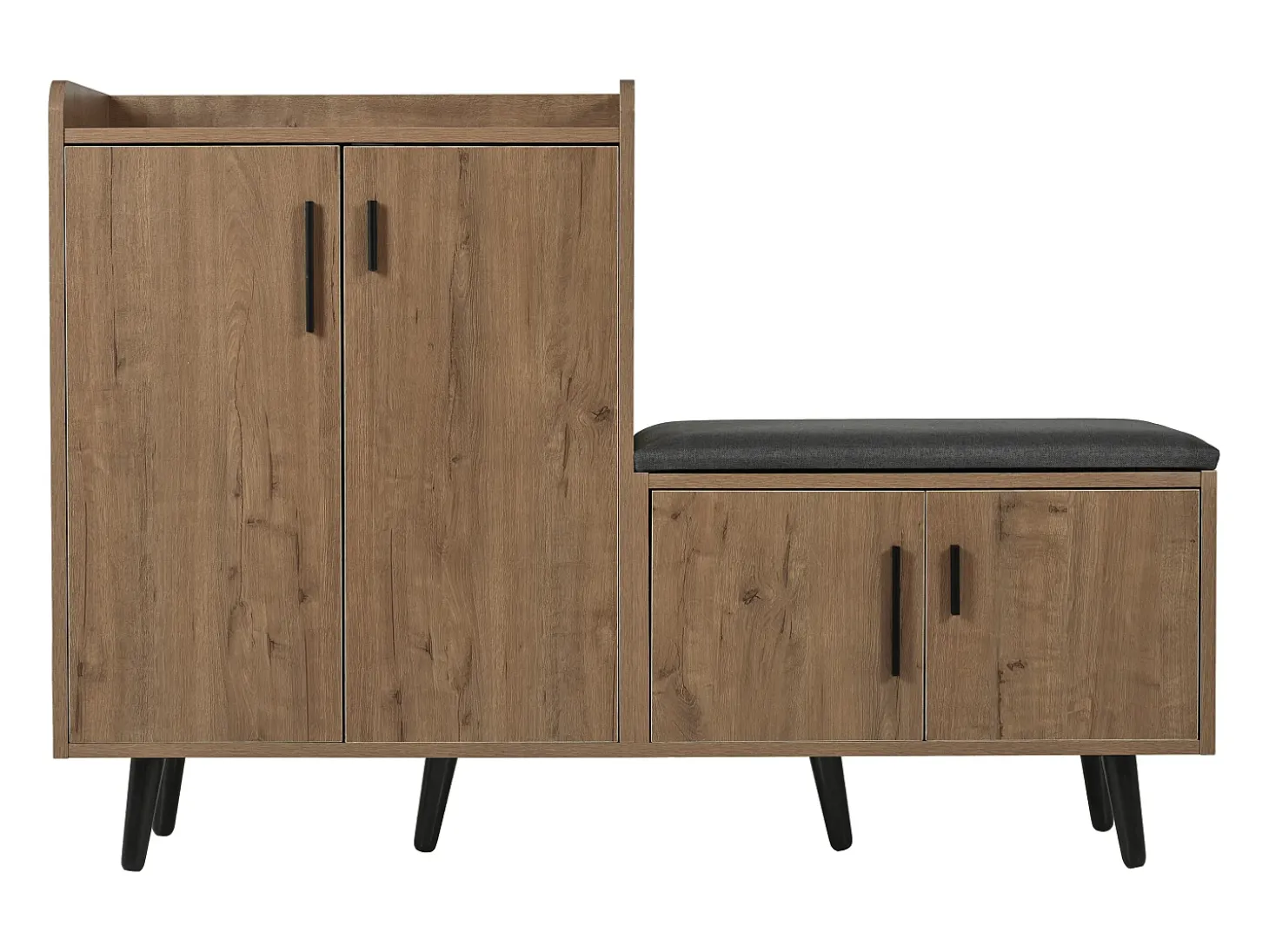 Zapatero moderno, madera natural, con 4 puertas de almacenaje, tiradores metálicos asimétricos, (120x34x82 cm)