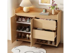 Zapatero móvil, con estantes regulables, cajones y ruedas, MDF, natural (110x35x86 cm)