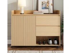 Zapatero móvil, con estantes regulables, cajones y ruedas, MDF, natural (110x35x86 cm)