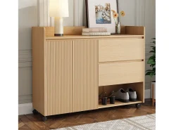 Zapatero móvil, con estantes regulables, cajones y ruedas, MDF, natural (110x35x86 cm)