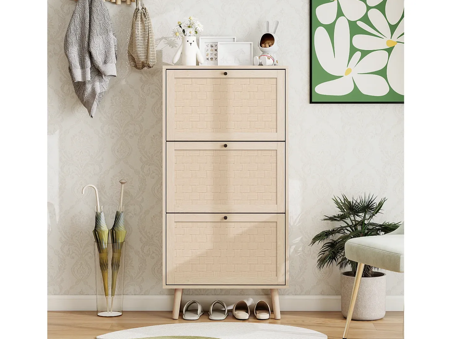 Zapatero natural con 3 puerta basculante y tiradores negros - Ideal para entradas y pasillos