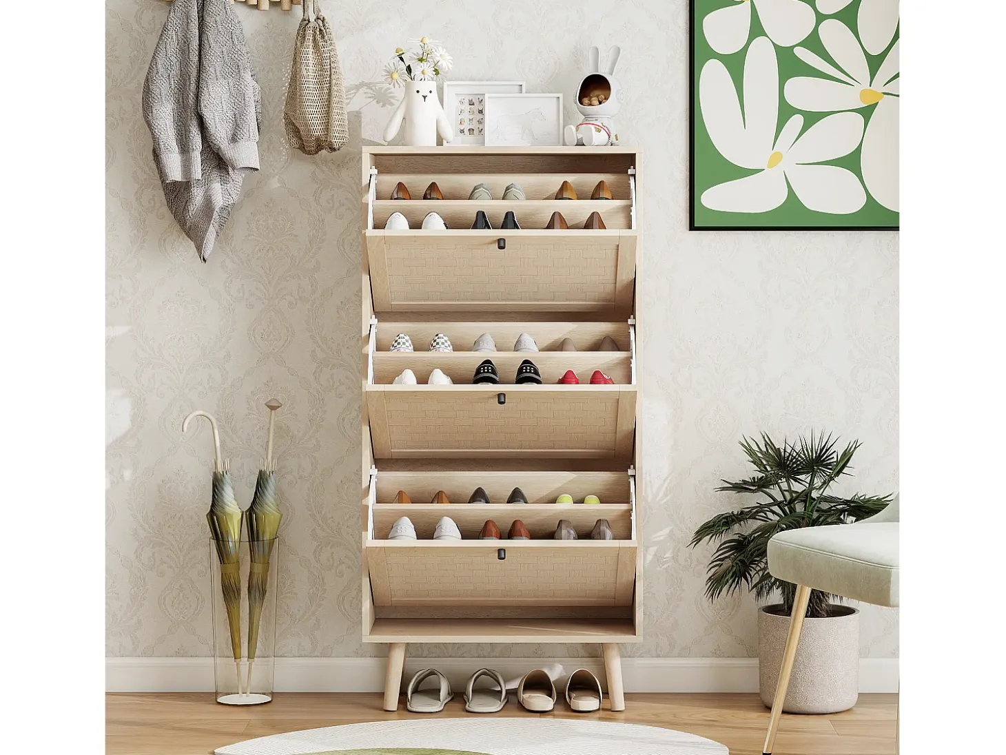 Zapatero natural con 3 puerta basculante y tiradores negros - Ideal para entradas y pasillos