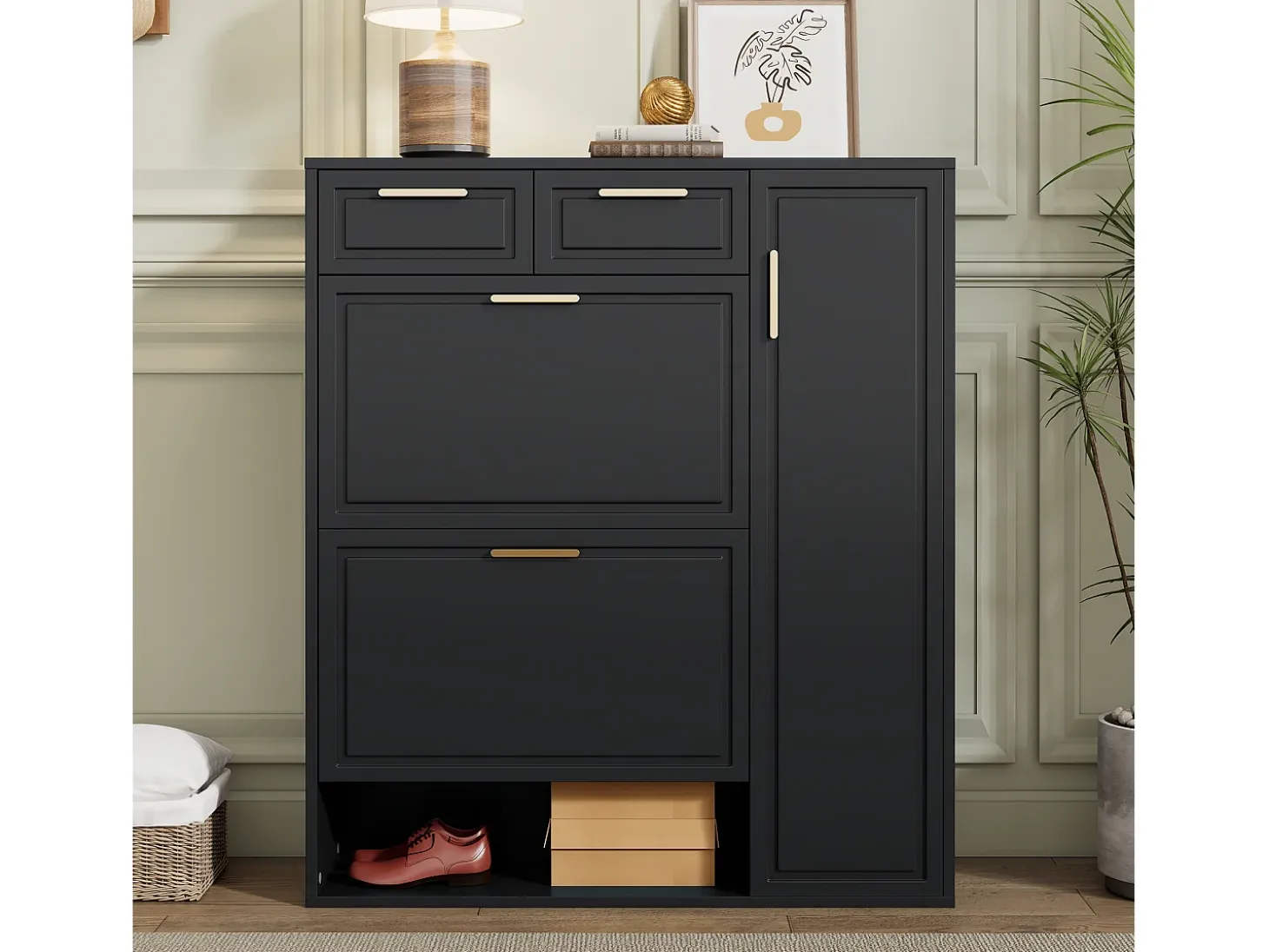Zapatero negro - Zapatero con 2 cajones y 1 puerta - 2 zapateros plegables - para salón y dormitorio