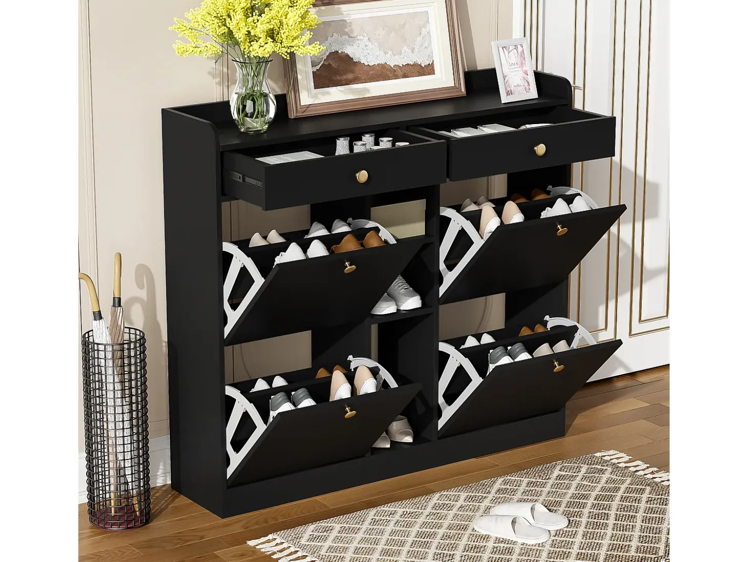 Zapatero negro con 4 puertas basculante y 2 cajones – para entrada y pasillo