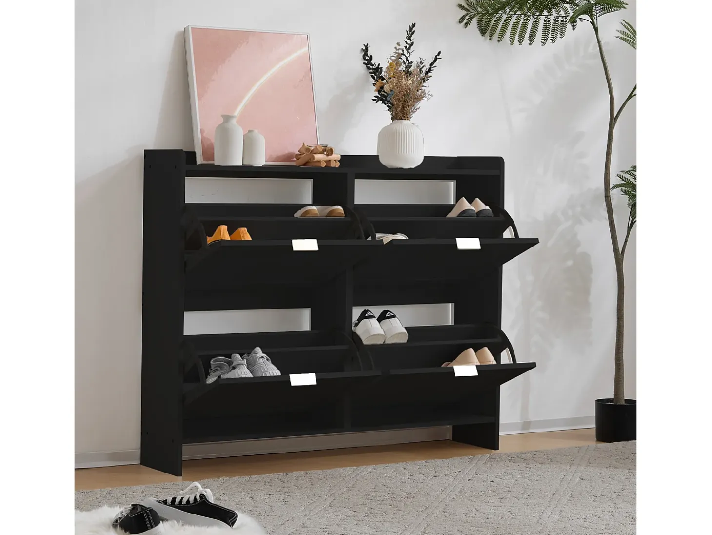 Zapatero negro con 4 puertas y estantes abiertos - para recibidores y pasillos
