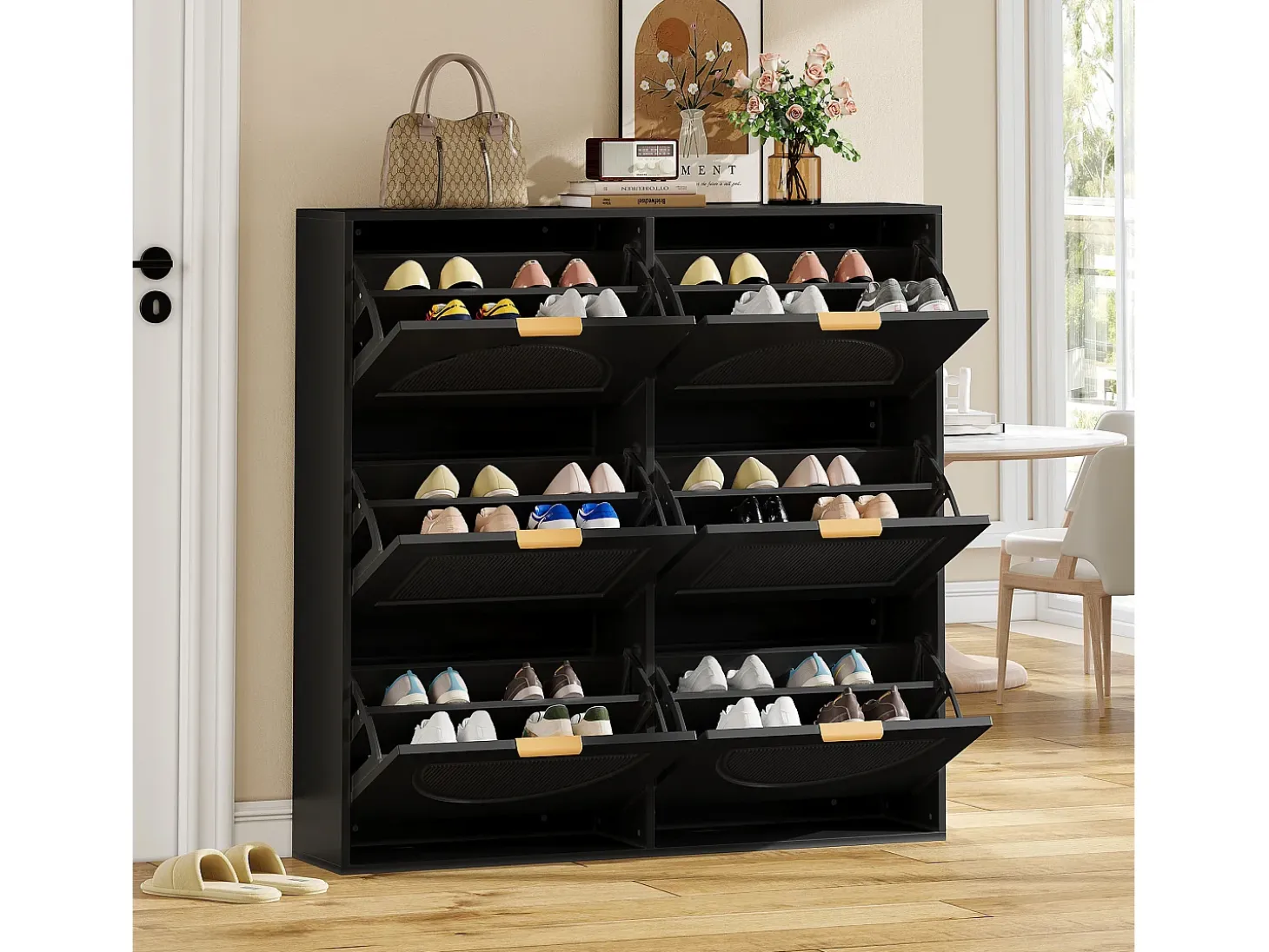 Zapatero negro con 6 puertas abatibles, 118x25x115 cm