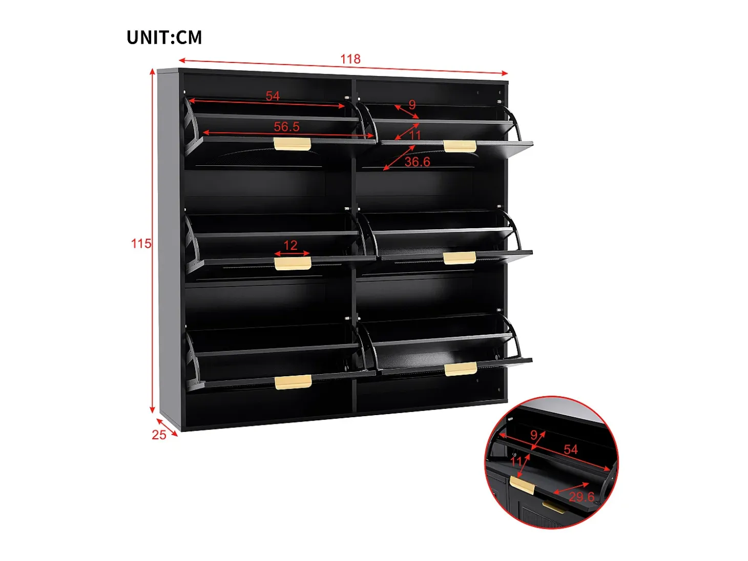 Zapatero negro con 6 puertas abatibles, 118x25x115 cm