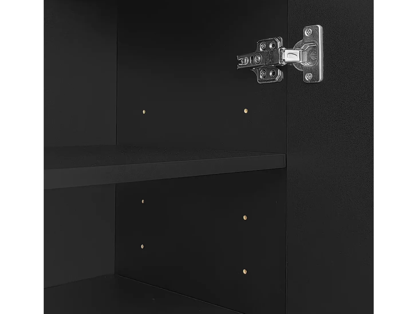 Zapatero negro con cajones, puertas texturizadas, estantes ajustables, tiradores y patas dorados, diseño elegante