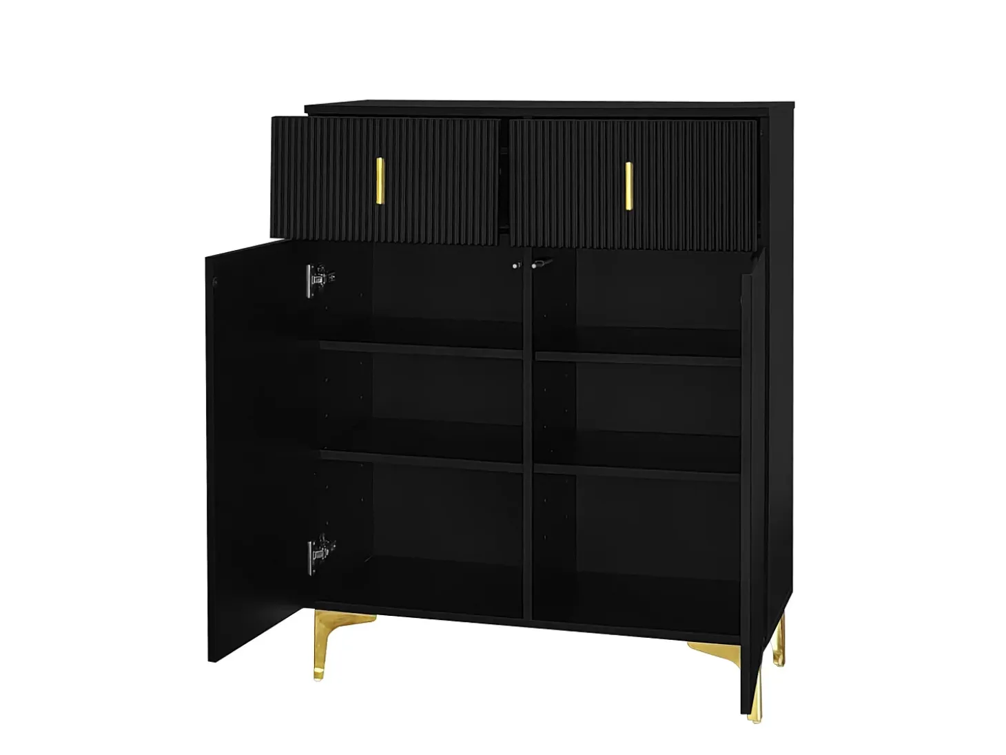 Zapatero negro con cajones, puertas texturizadas, estantes ajustables, tiradores y patas dorados, diseño elegante