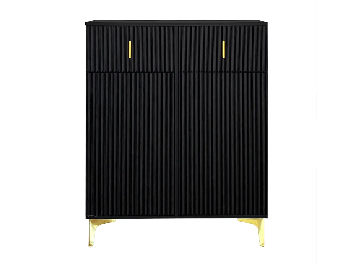 Zapatero negro con cajones, puertas texturizadas, estantes ajustables, tiradores y patas dorados, diseño elegante