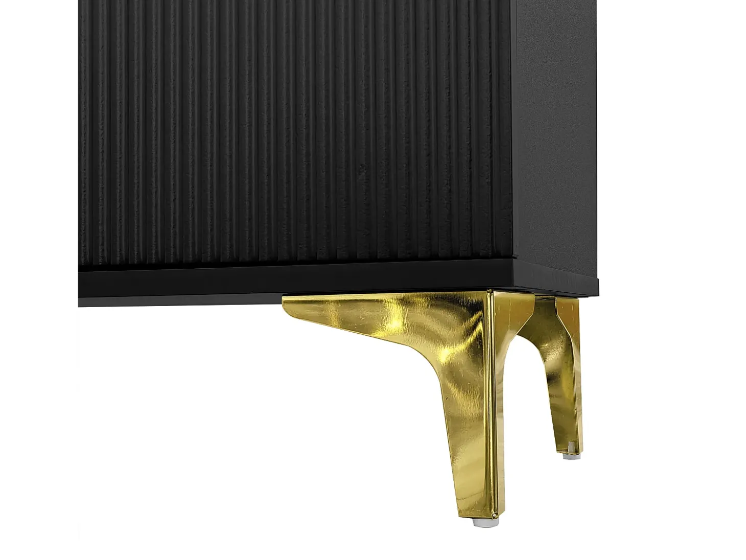 Zapatero negro con cajones, puertas texturizadas, estantes ajustables, tiradores y patas dorados, diseño elegante