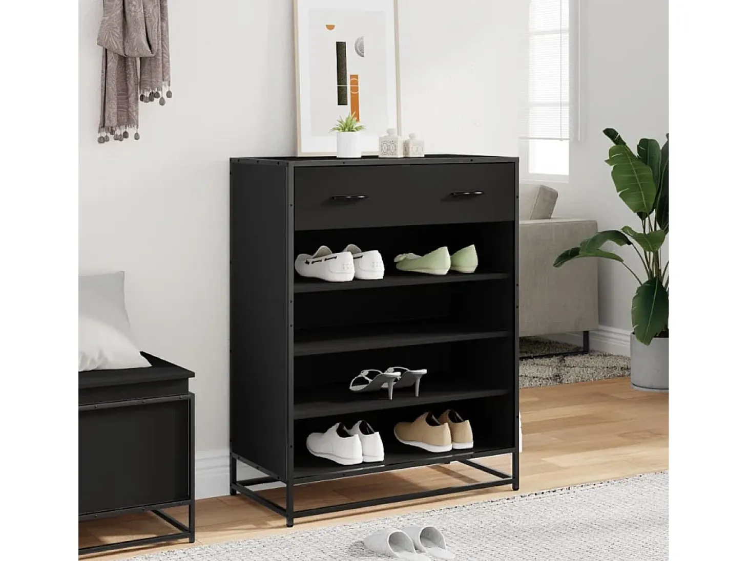 Zapatero negro 75x38x97,5 cm madera contrachapada metal