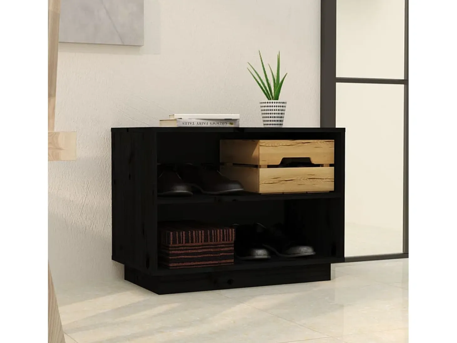 Zapatero negro 60x34x45 cm Madera maciza de pino