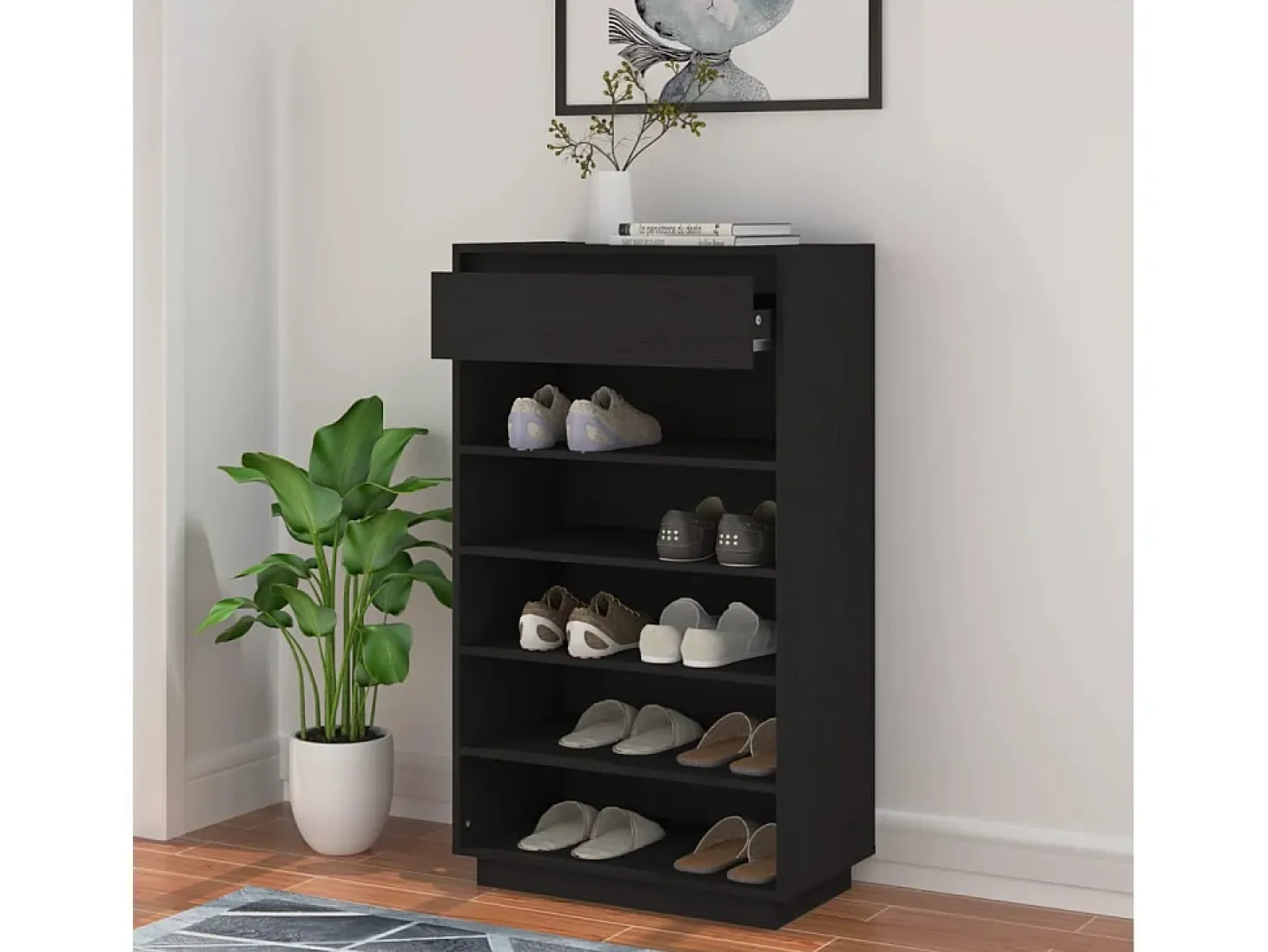 Zapatero negro 60x34x105 cm Madera maciza de pino