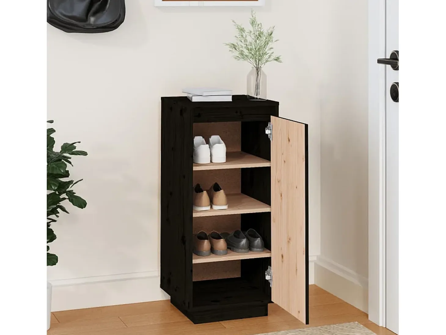 Zapatero negro 35x35x80 cm Madera maciza de pino