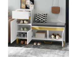 Zapatero para entrada - 120 x 35 x 85 cm - con 2 puertas + 1 cajón + banco - MDF - blanco