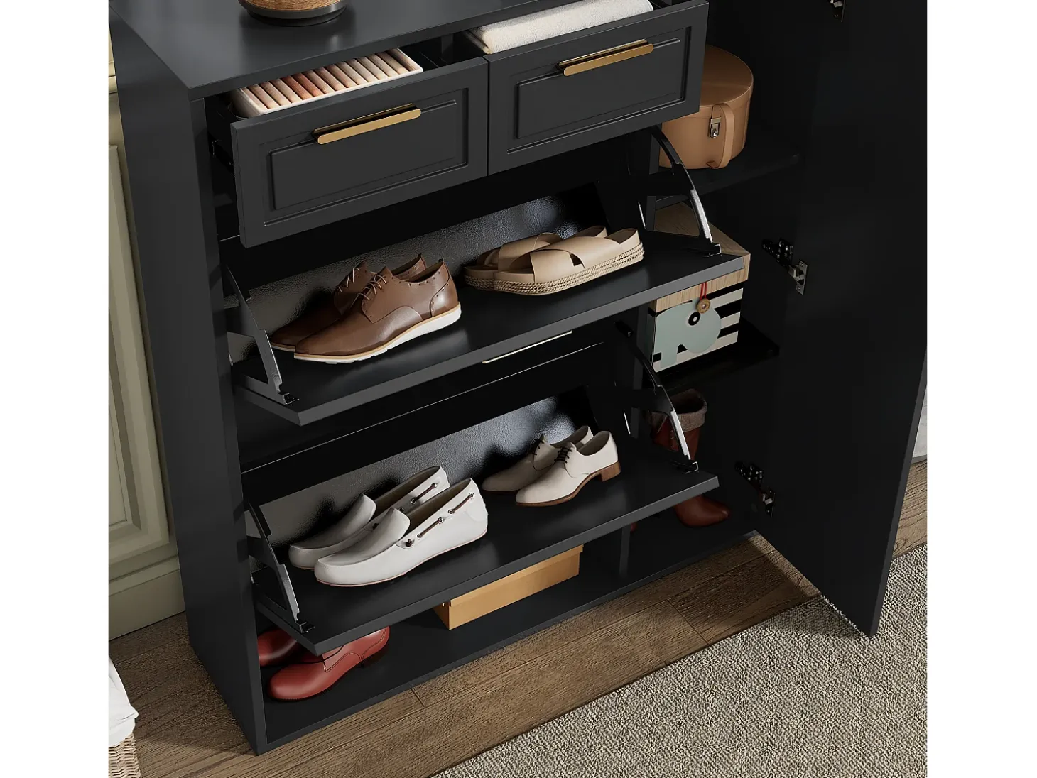 Zapatero plegable - 95 x 24 x 107,5 cm - con estantes ajustables + 2 cajones + 1 puerta - aglomerado + MDF + metal - negro