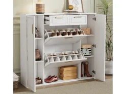 Zapatero plegable - 120 x 24 x 107 cm - Con 2 cajones + 2 puertas + estantes ajustables - MDF + metal - blanco