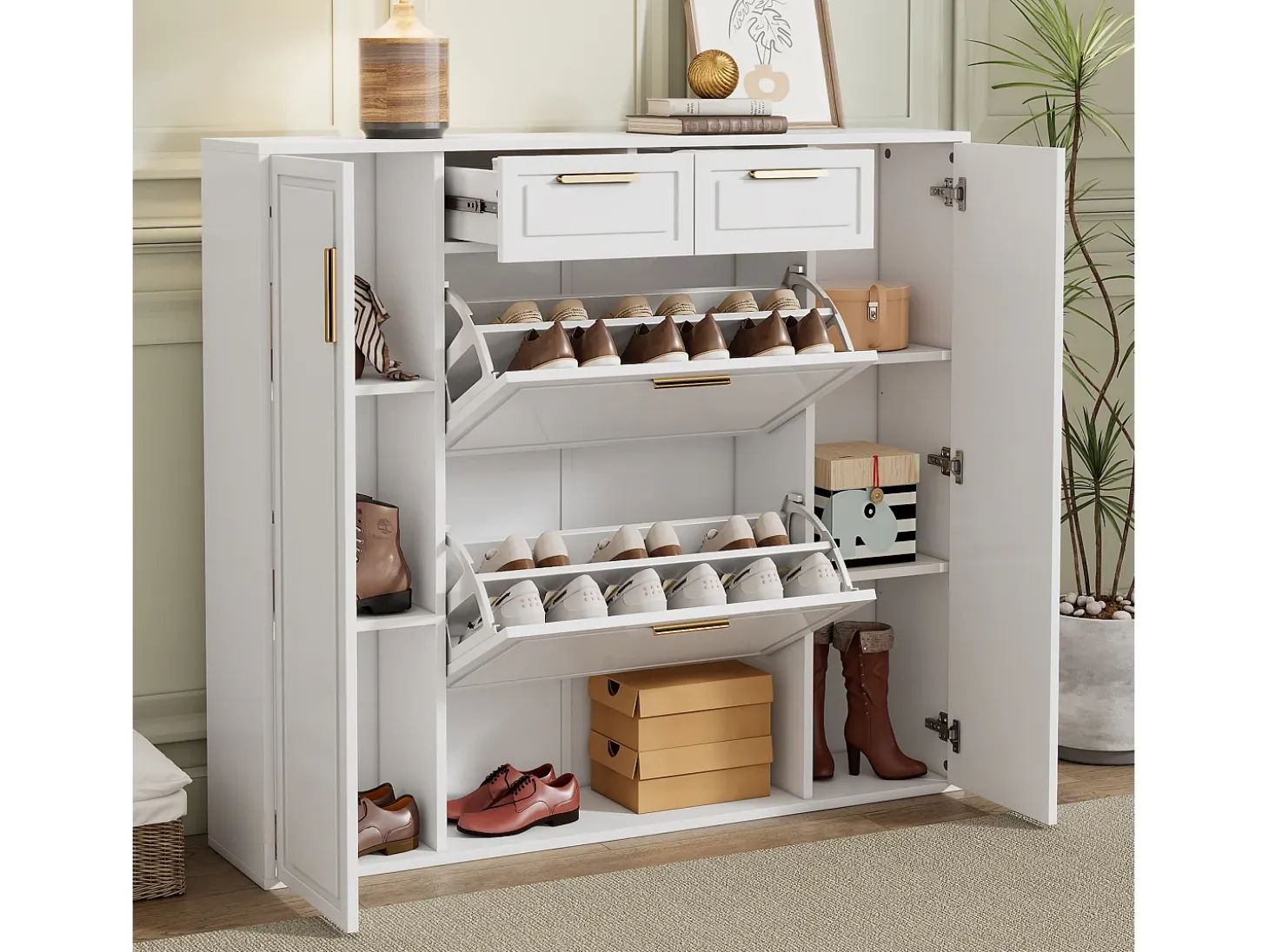 Zapatero plegable - 120 x 24 x 107 cm - Con 2 cajones + 2 puertas + estantes ajustables - MDF + metal - blanco