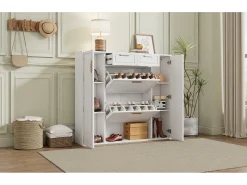 Zapatero plegable - 120 x 24 x 107 cm - Con 2 cajones + 2 puertas + estantes ajustables - MDF + metal - blanco