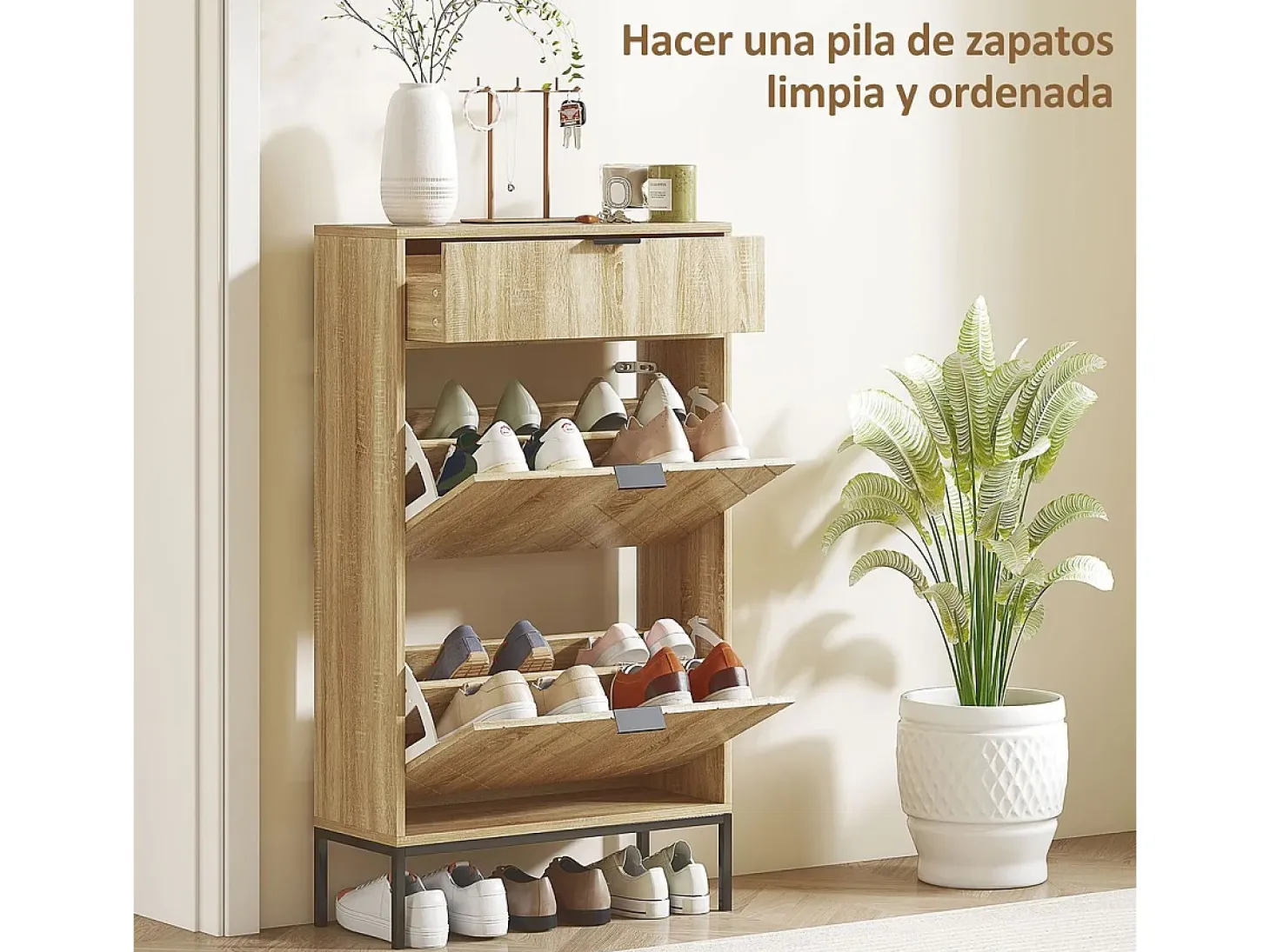 Zapatero Selena 1 cajón + 2 puertas abatibles roble 105,5x60x24 cm