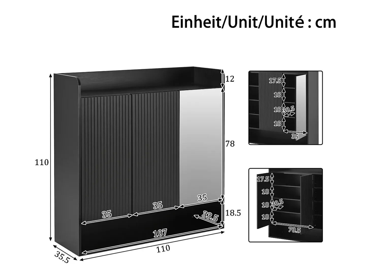 Zapatero 110x35,5x110 cm - con espejo - con 3 puertas - MDF - Negro