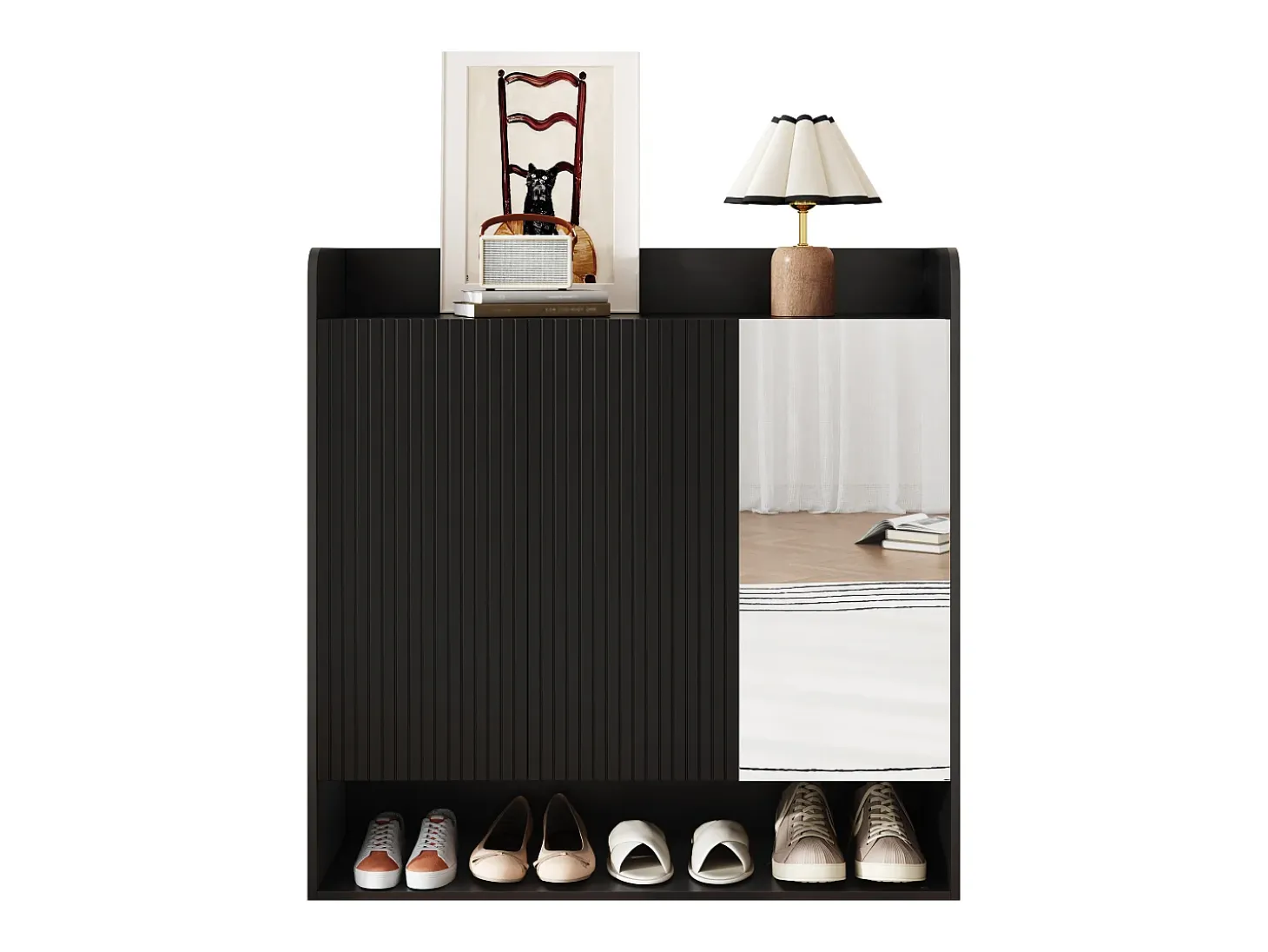 Zapatero 110x35,5x110 cm - con espejo - con 3 puertas - MDF - Negro