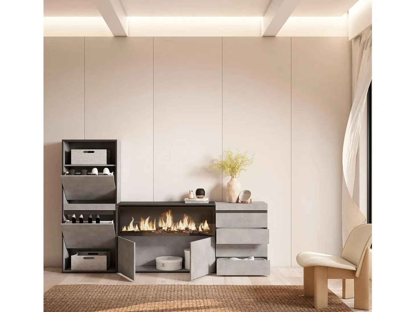 Zapatero, 224x145x35 cm, Dormitorio, habitación, Chimenea eléctrica XXL, Cómoda, Cajonera, Cemento