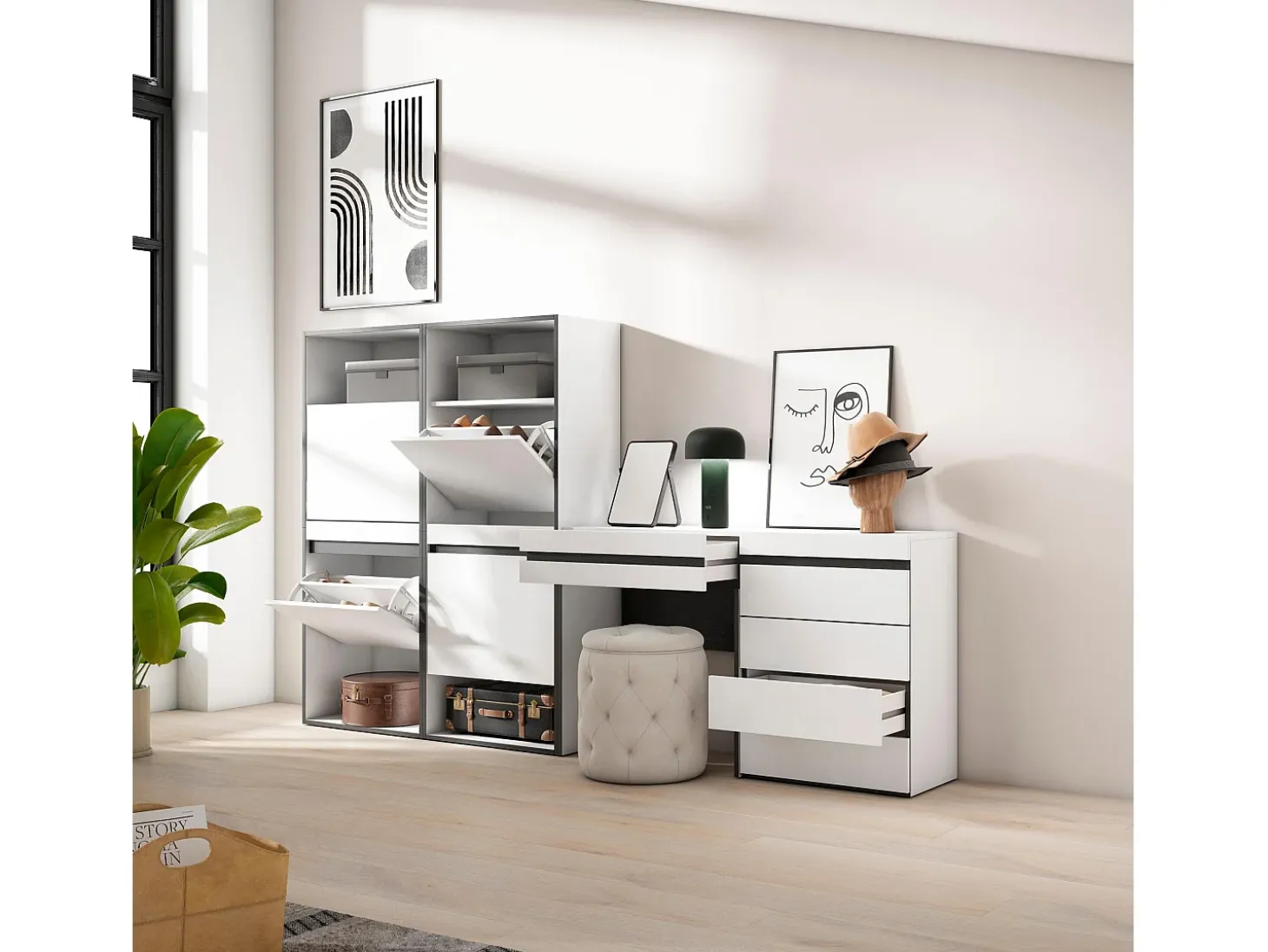 Zapatero, 247x35x145cm, Dormitorio, habitación, Cómoda, Cajonera, Tocador, Blanco