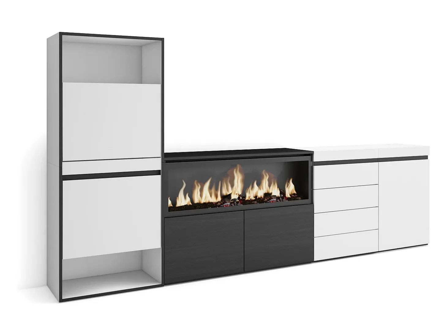 Zapatero, 274x35x145cm, Dormitorio, habitación, Chimenea eléctrica XXL, Cómoda, Cajonera, Blanco
