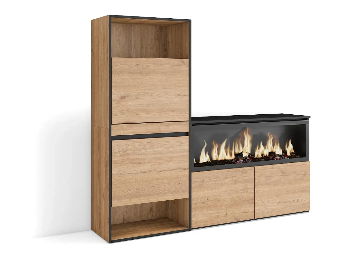 Zapatero, 167x35x145cm, Dormitorio, habitación, Chimenea eléctrica XXL, Roble