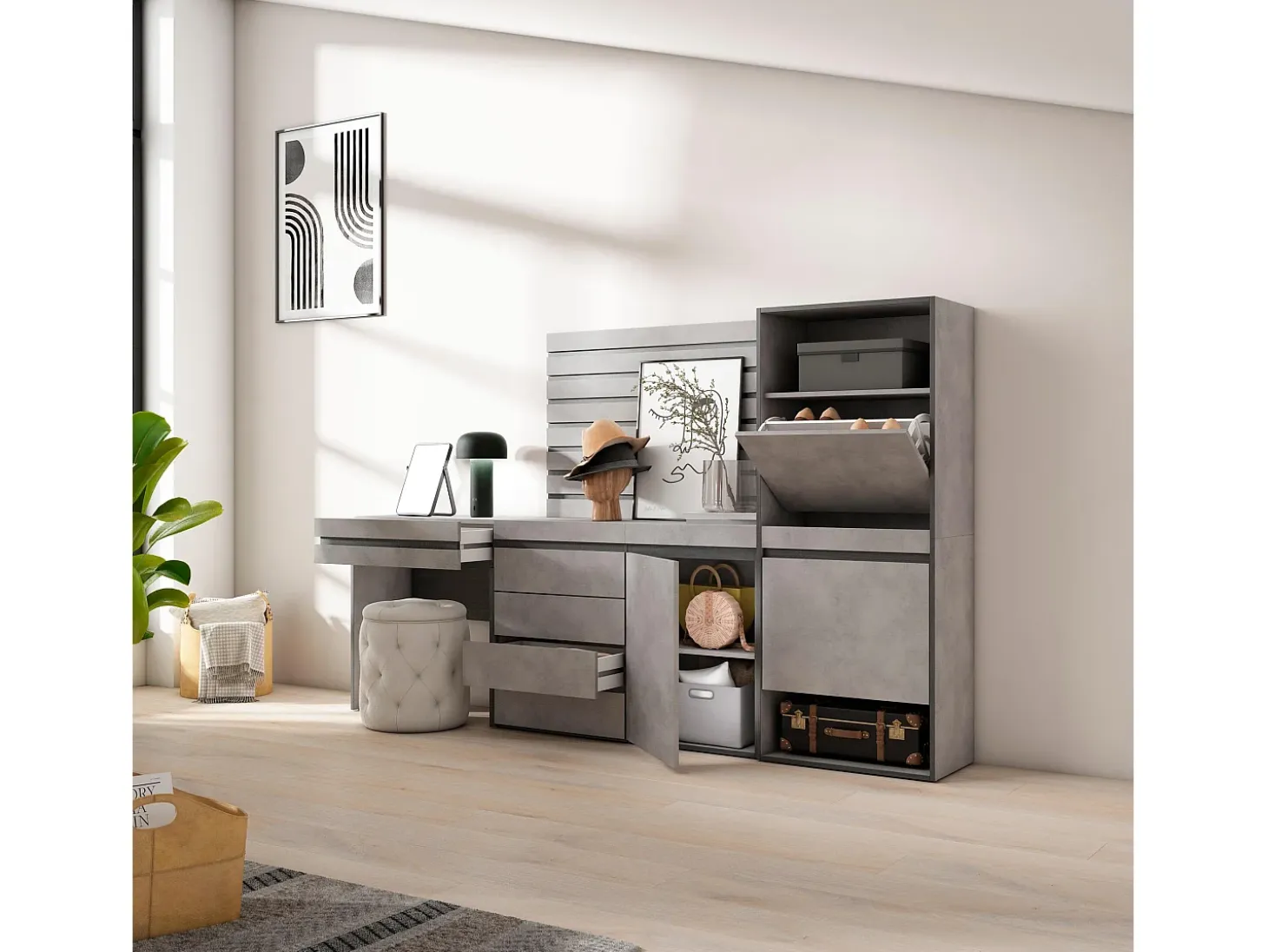 Zapatero, 237x35x145cm, Dormitorio, habitación, Cómoda, Cajonera, Listones Decorativos, Tocador, Cemento