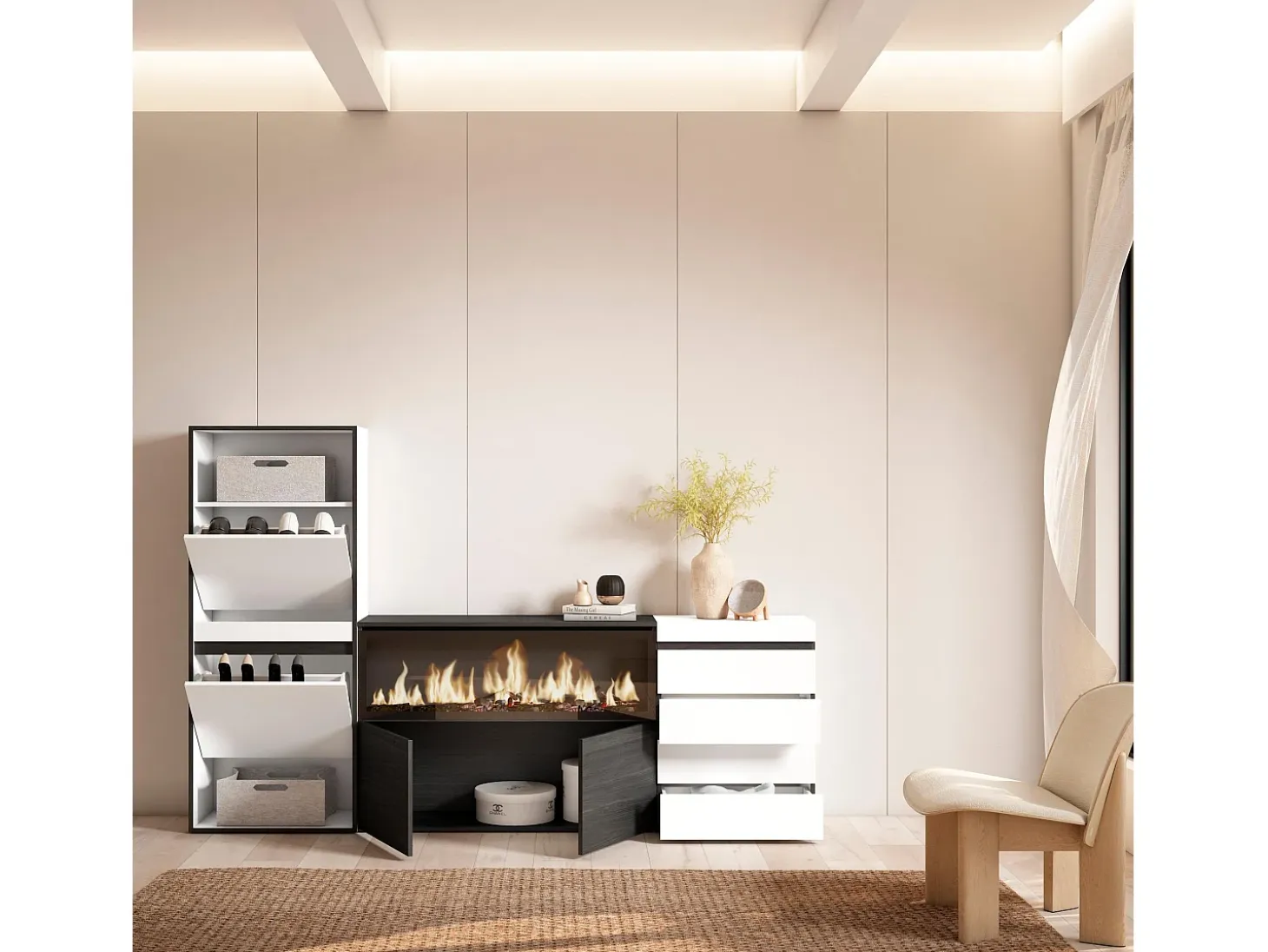 Zapatero, 224x35x145cm, Dormitorio, habitación, Chimenea eléctrica XXL, Cómoda, Cajonera, Blanco