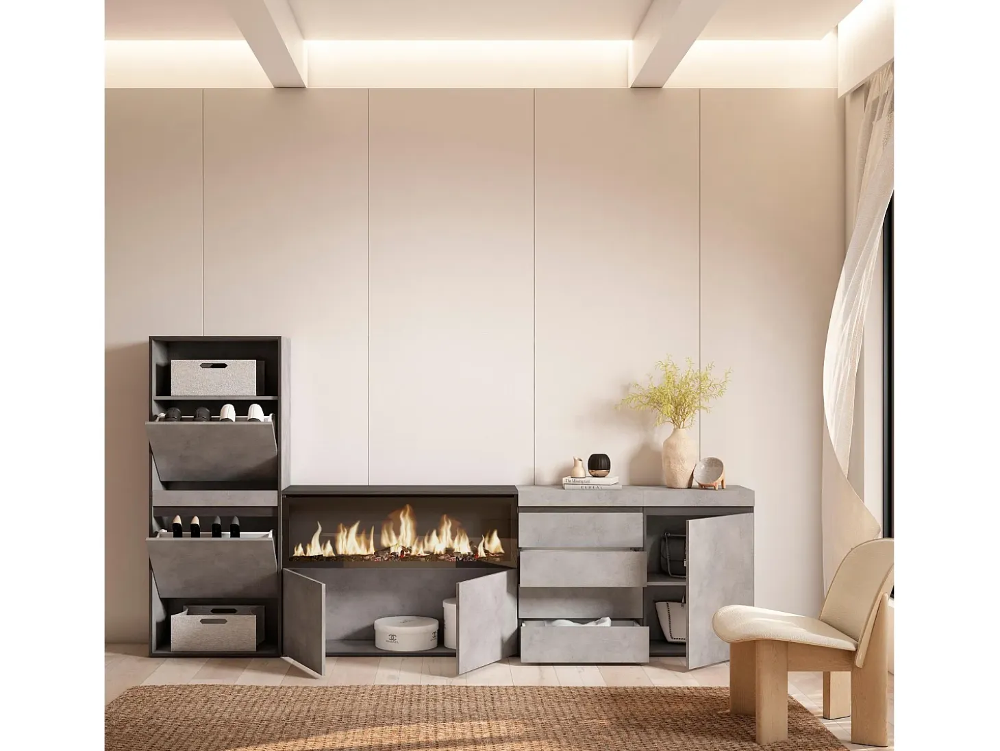 Zapatero, 274x35x145cm, Dormitorio, habitación, Chimenea eléctrica XXL, Cómoda, Cajonera, Cemento