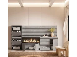 Zapatero, 274x35x145cm, Dormitorio, habitación, Chimenea eléctrica XXL, Cómoda, Cajonera, Listones Decorativos, Cemento
