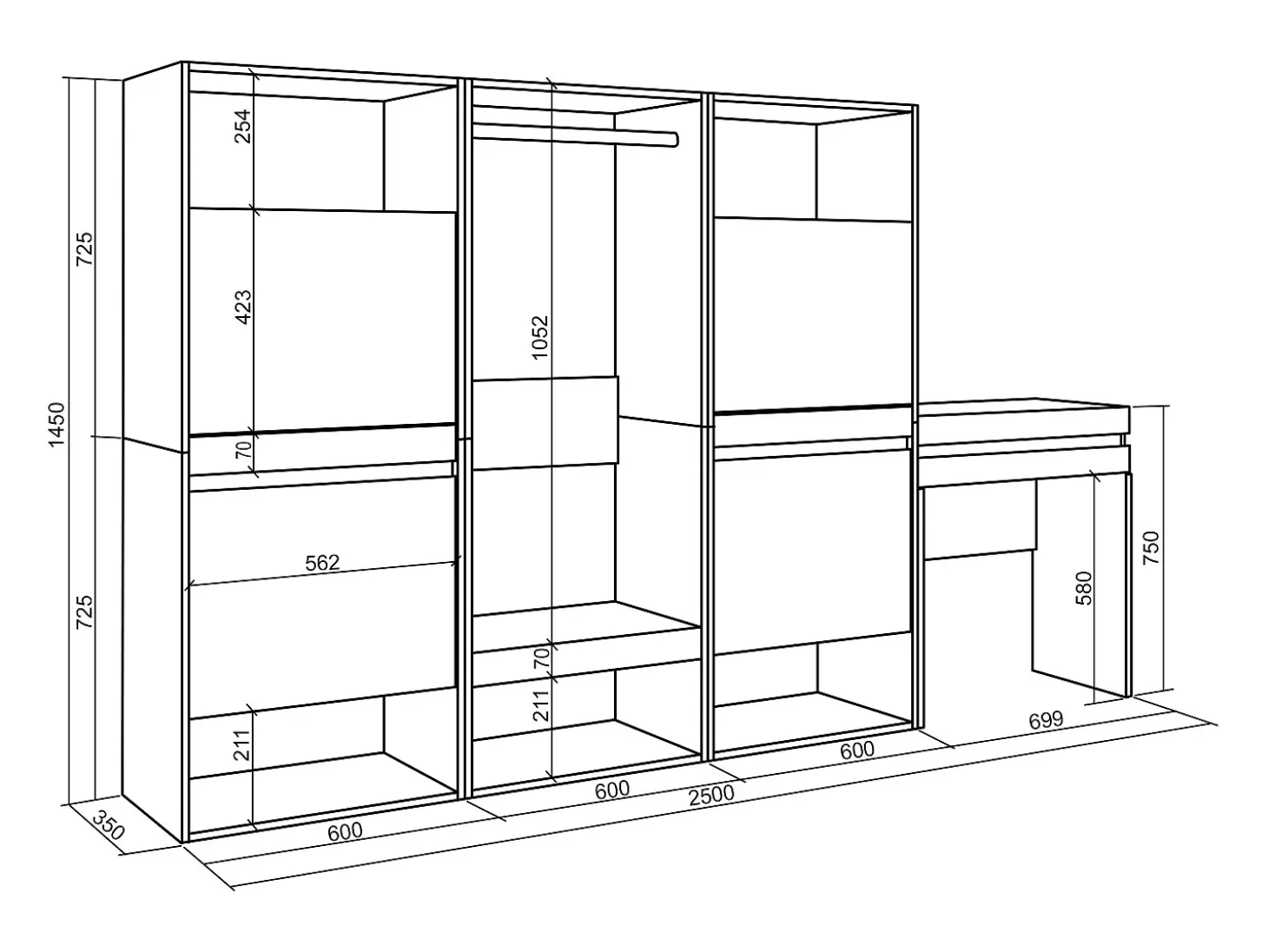 Zapatero, 250x35x145cm, Dormitorio, habitación, Vestidor abierto, Tocador, Cemento