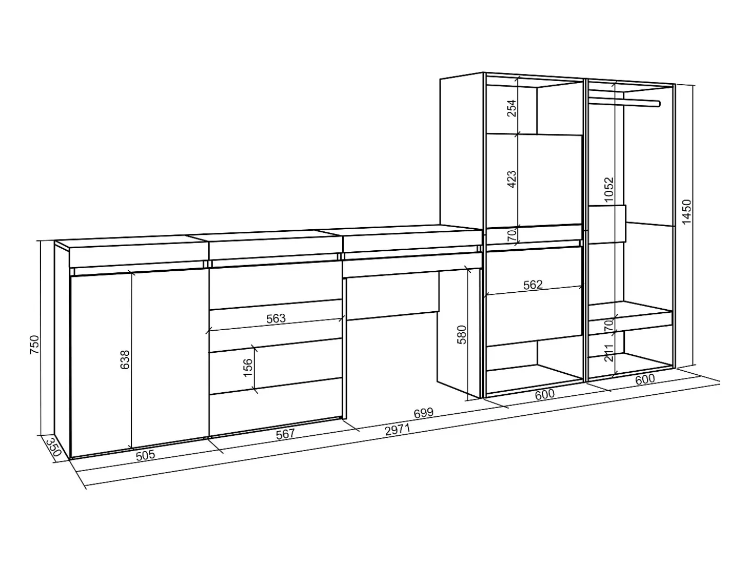 Zapatero, 297x35x145cm, Dormitorio, habitación, Vestidor abierto, Cómoda, Cajonera, Tocador, Blanco